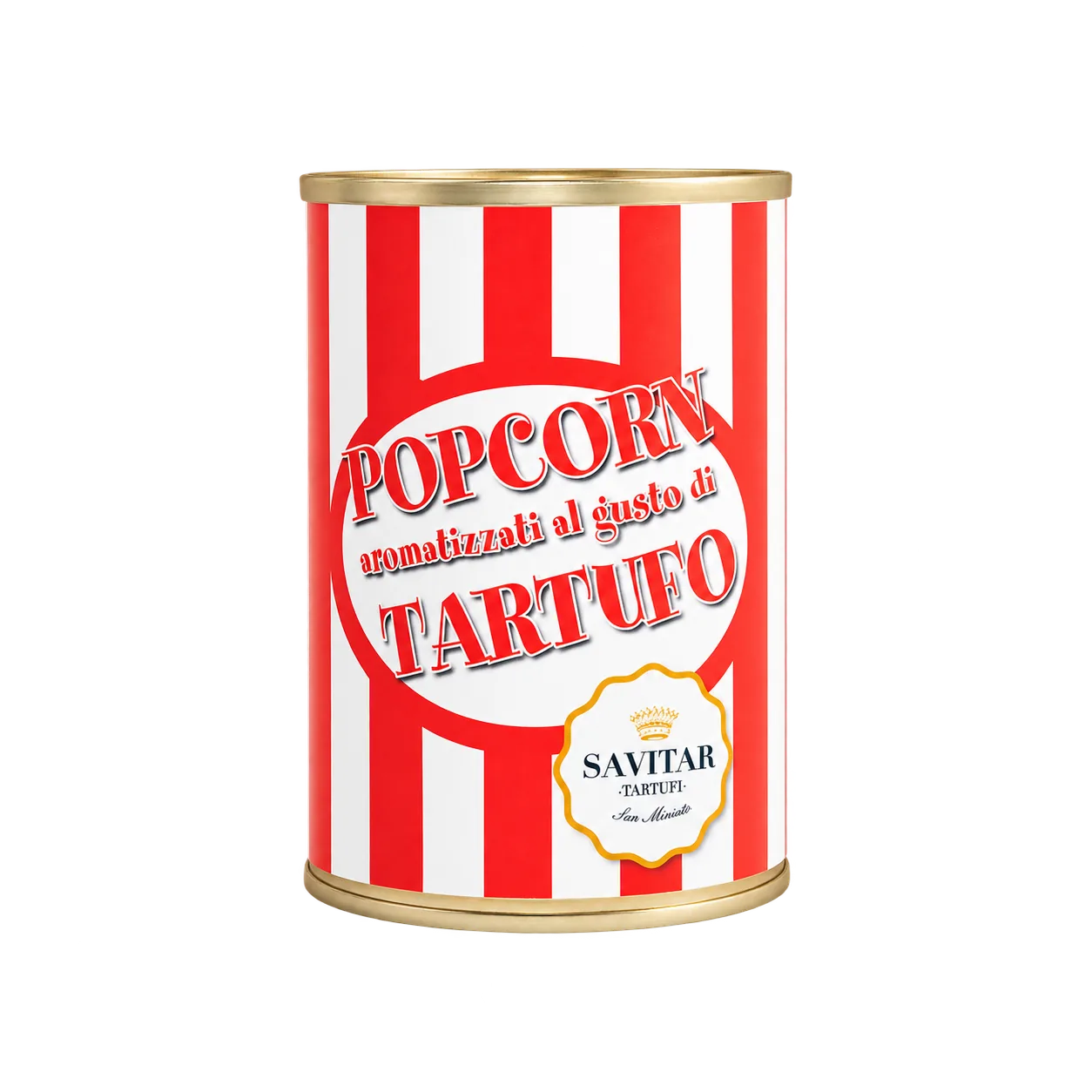 Lattina Savitar di popcorn al tartufo con etichetta a righe rosse e bianche